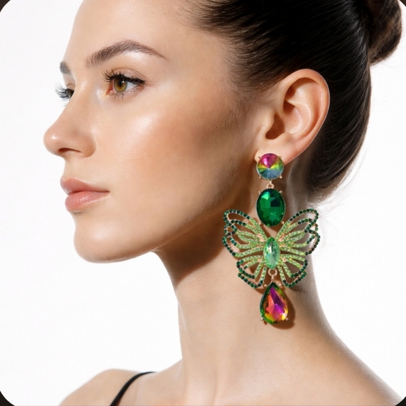 Butterfly Rhinestone Fashion Earrings Green Multicolored - Picture 1 of 2